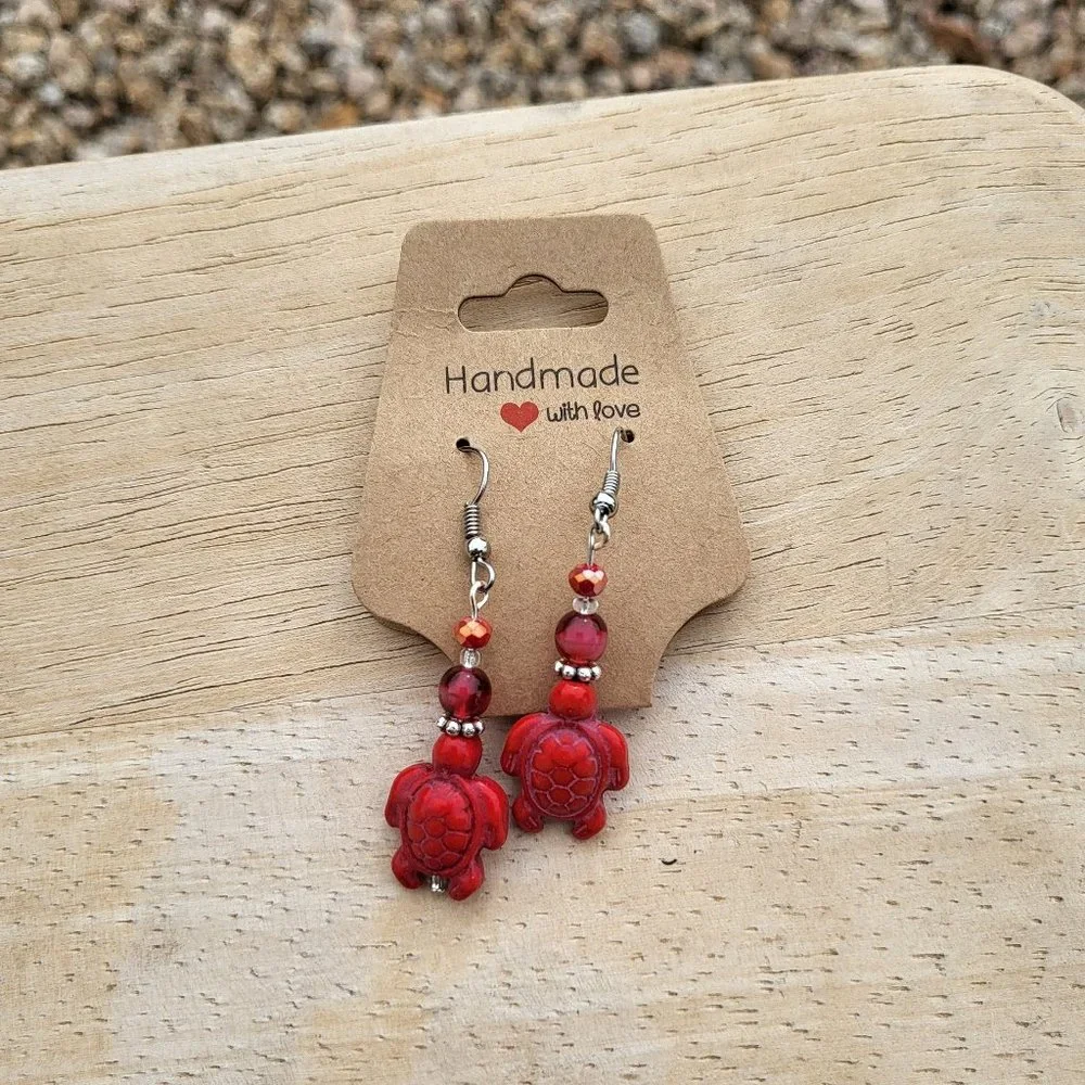 Malak Jewelry Women's Red Ceramic Turtle Dangle Earrings Handmade‎ Silver Plated